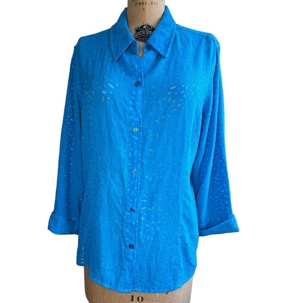 Vintage Sag Harbor Turquoise burn out leaf design 3/4 sleeve button down size 16